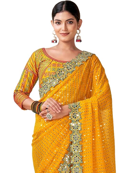 Georgette Yellow Geometric Pattern Printed Embroidery Saree with Unstitched Blouse - Elegant and Intricate Embroidery