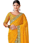 Georgette Yellow Geometric Pattern Printed Embroidery Saree with Unstitched Blouse - Elegant and Intricate Embroidery