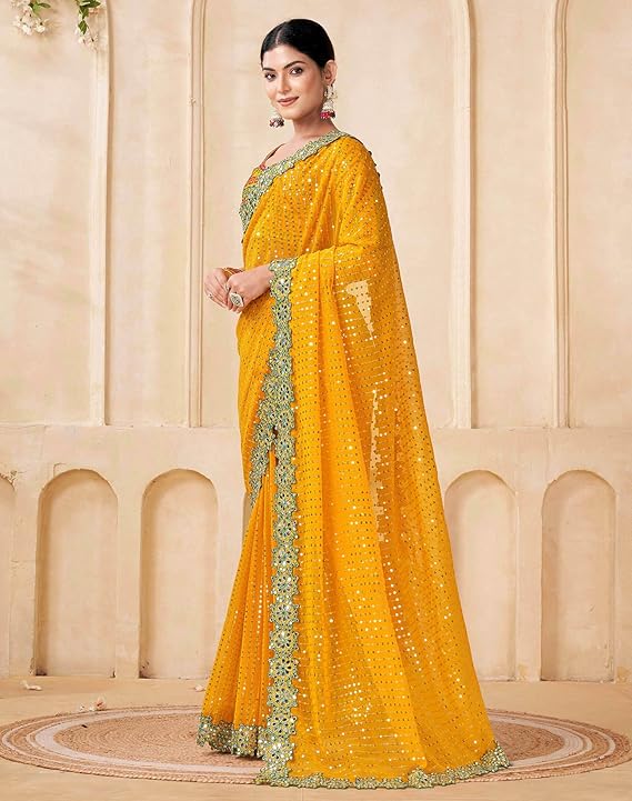Georgette Yellow Geometric Pattern Printed Embroidery Saree with Unstitched Blouse - Elegant and Intricate Embroidery